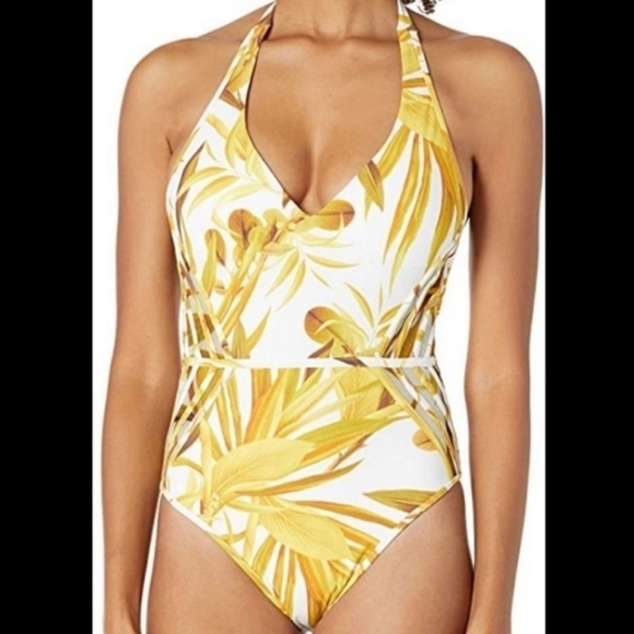 BCBG Max Azria Yellow and White Tropical Plunge Mio One Piece Swimsuit 8 NWOT - Picture 1 of 8